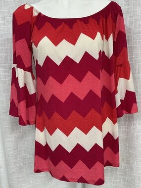 Voll Off-Shoulder Chevron Tunic/Dress in Red, Pink, Cream